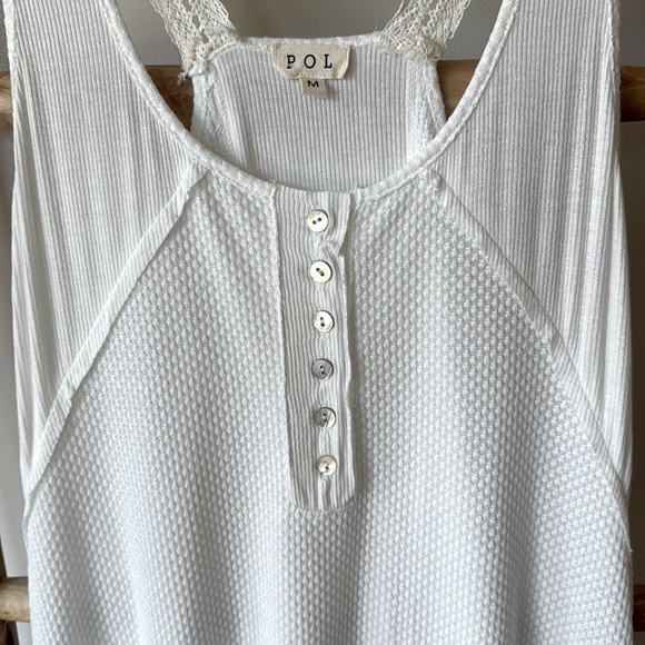 POL Off-White Racerback Soft Lace Strap Waffle Ribbed Button Top Tank Tunic M - Picture 5 of 7